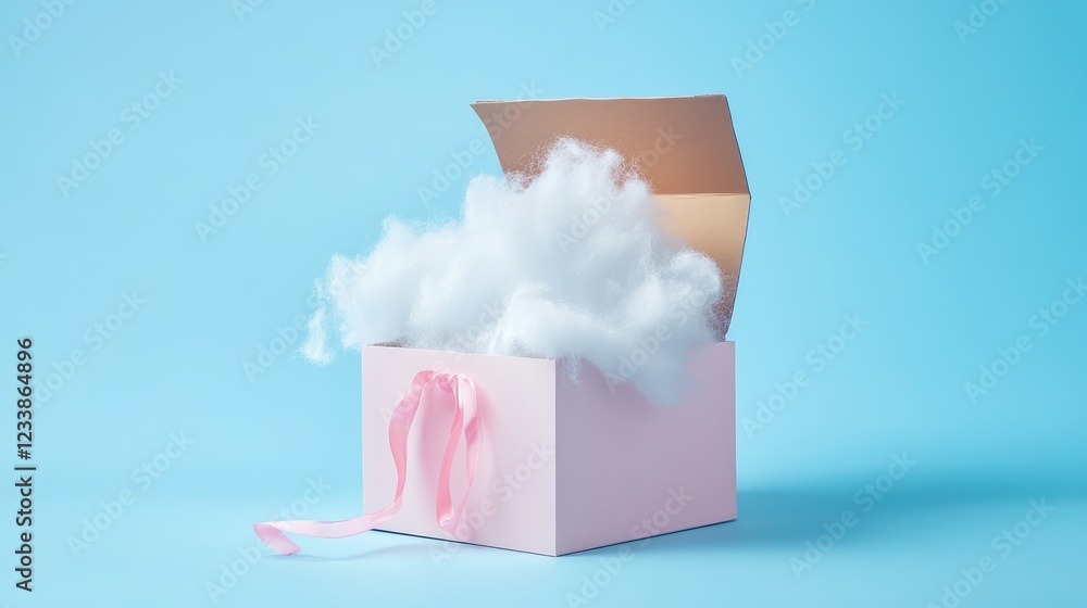 Poster cotton fluff overflowing from a pink handled box against a light blue background with empty space fo