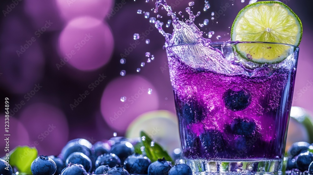Poster Refreshing Blueberry Lime Splash Cocktail with Citrus Garnish and Dynamic Splash Effect