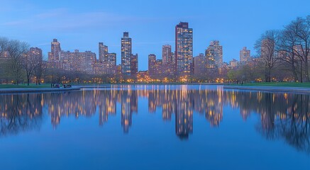 Obraz premium Serene Evening Reflection Skyline over Calm Water