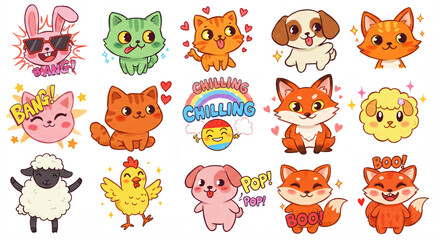 A grid of cartoon animals with expressive faces, including a pink bunny, orange cats, a green cat, a brown and white puppy, a fox, a fluffy sheep, a chicken, a pink puppy, and a smiling sun with a rai