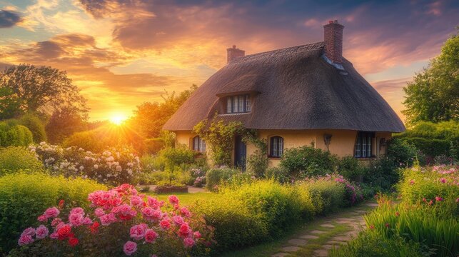 Thatched roof cottage at sunset surrounded by a blooming rose garden in a serene countryside setting with vibrant colors.