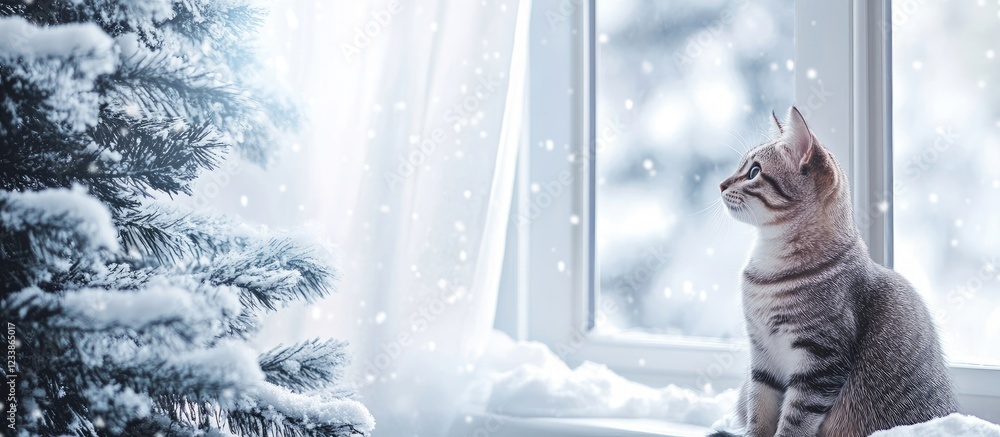 Aufkleber cat observing snowy landscape from window with empty space for text in cozy winter setting