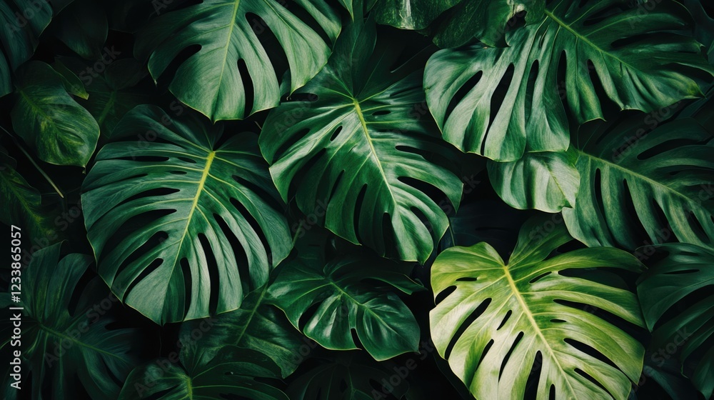 Poster lush tropical plant leaves background creating a refreshing summer atmosphere with space for text ov