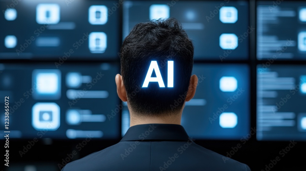Poster Man with glowing head standing in front of multiple television screens displaying various images