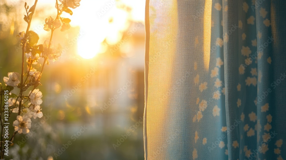 Poster floral pattern curtain with sunlight filtering through creating a warm bokeh effect in a cozy interi