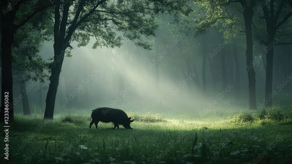 Aufkleber wild boar grazing in serene misty forest with soft diffused light creating an ethereal atmosphere in
