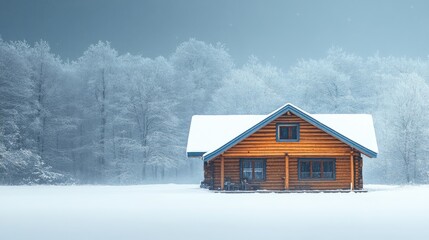 Cozy wooden house in tranquil snowy landscape with trees and ample space for text or graphics in winter scenery