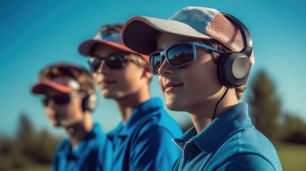 Young golfers in headphones focused at the golf club under blue sky showcasing a modern twist on traditional sports activities