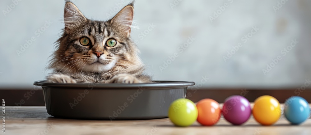 Aufkleber cat resting in a non-stick baking pan surrounded by colorful decorative orbs on a rustic wooden tabl