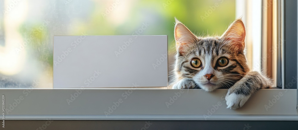 Poster cat peeking through a window with blank sign above for customizable text in a serene indoor setting.