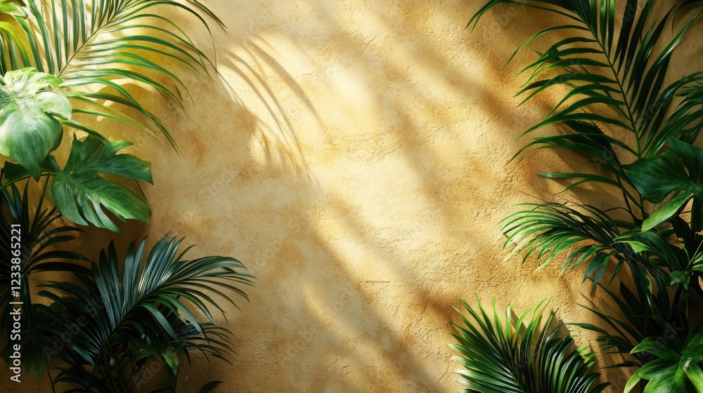 Poster Top view of lush green palm leaves framing a textured yellow wall creating a natural backdrop with space for text or graphics