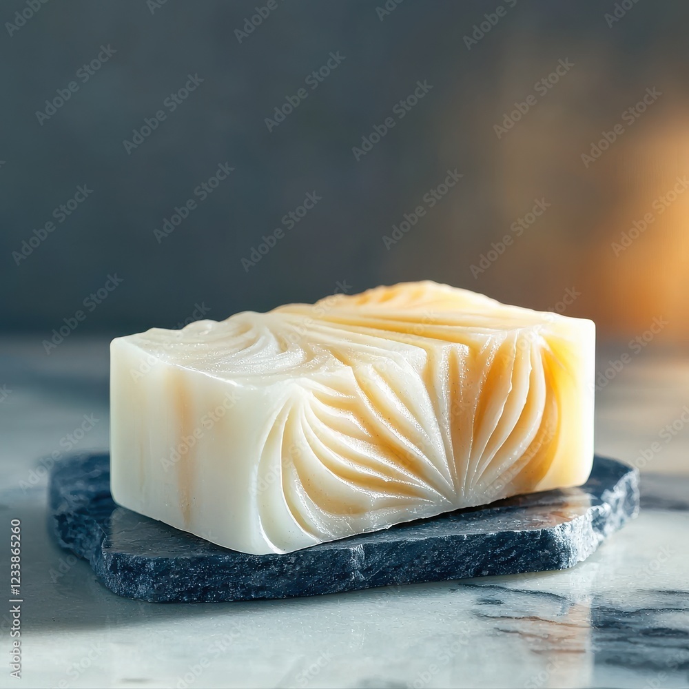 Poster elegant white soap bar with intricate carved details soft glowing highlights macro studio setting
