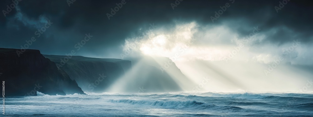 Poster Dramatic storm clouds and sunbeams over a rugged ocean shore with crashing waves and empty space for text against jagged cliffs.