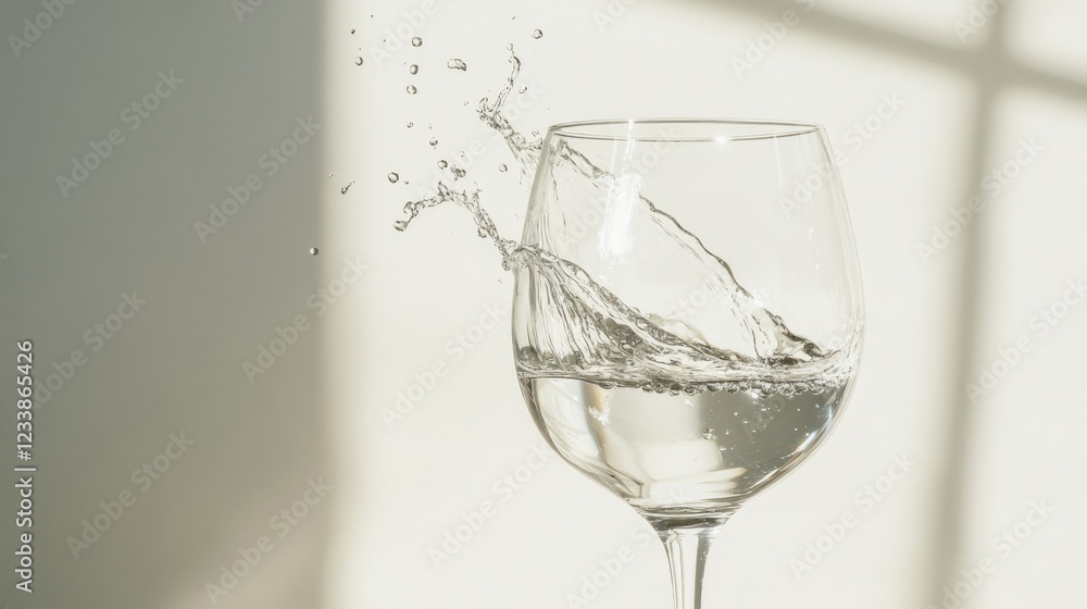 Poster wine splash in crystal glass with water on white background featuring empty space for text or brandi