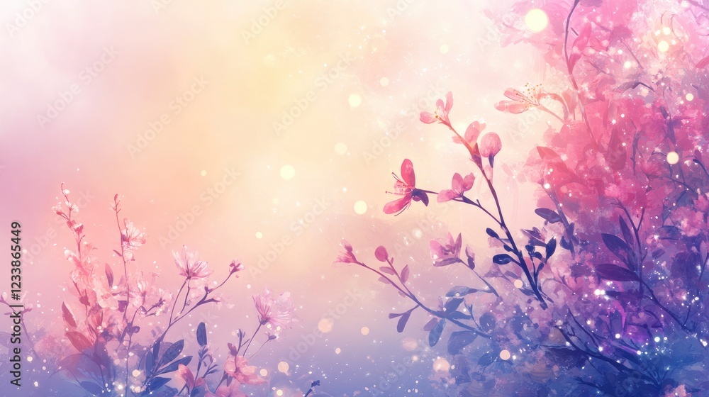 Poster dreamy floral background with soft bokeh lights for cosmic journey theme and web design with empty c