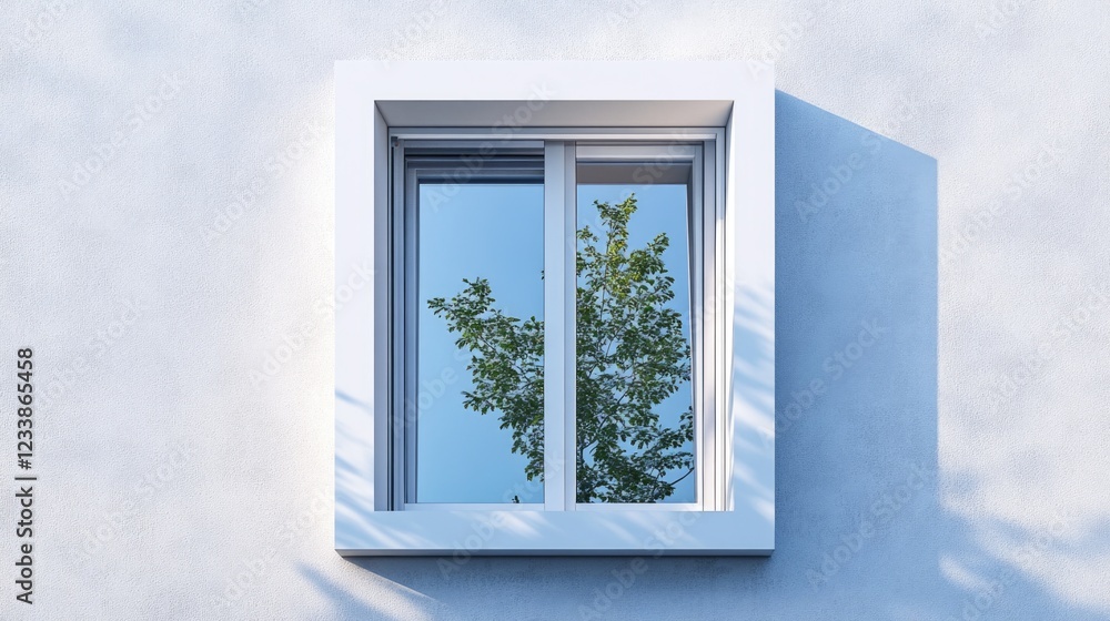 Poster modern window with white frame and reflection of tree on light studio backdrop showcasing natural li
