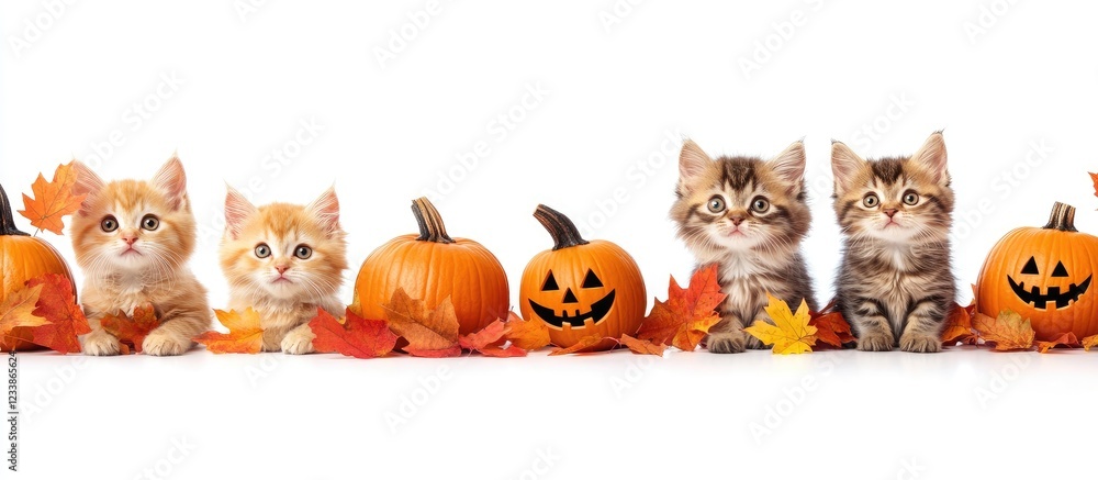 Poster cats with pumpkins and autumn leaves creating a festive halloween atmosphere with space for text on 