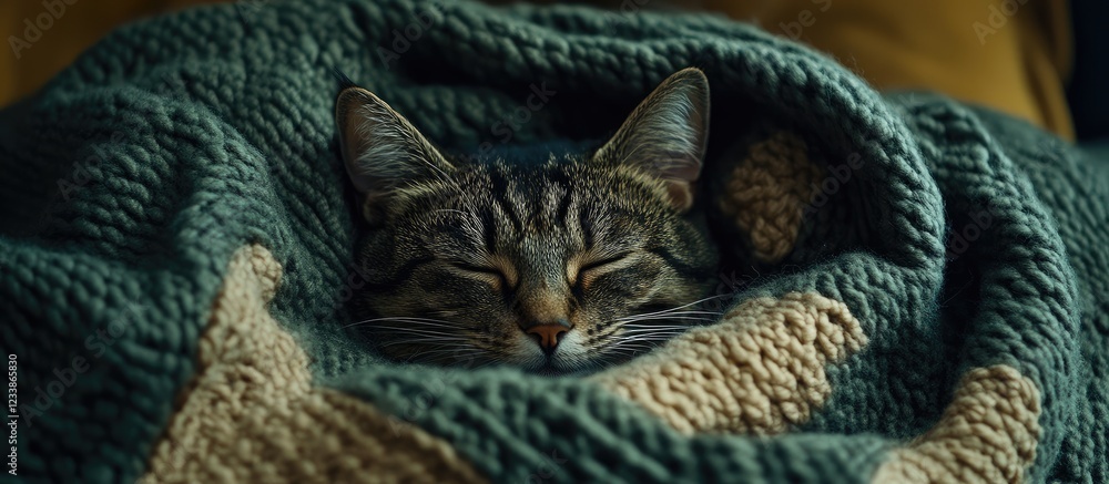 Poster cozy cat sleeping peacefully in knitted blanket with empty space for text and customization