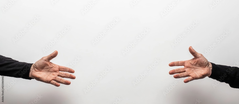 Poster caucasian male hands gesturing toward each other with empty space for text on a white background sui