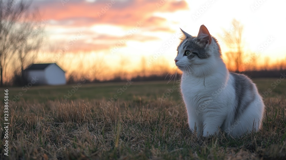 Aufkleber cat sitting in a field at sunset with soft clouds and a house in the background