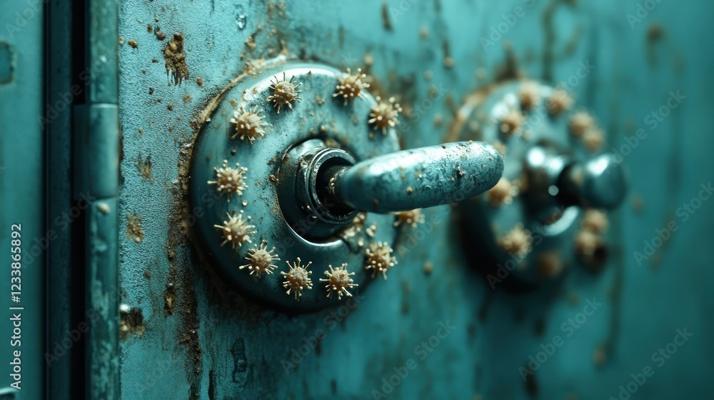 Poster Close up view of a weathered door showing significant rust and aged texture details