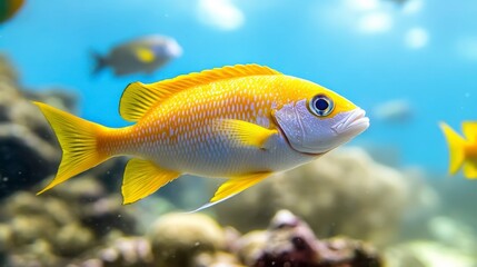 Vibrant Yellow Fish Swimming in Clear Tropical Ocean Water