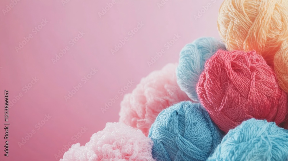 Poster colorful yarn balls for knitting and crafting with soft textured background and blank space for cust