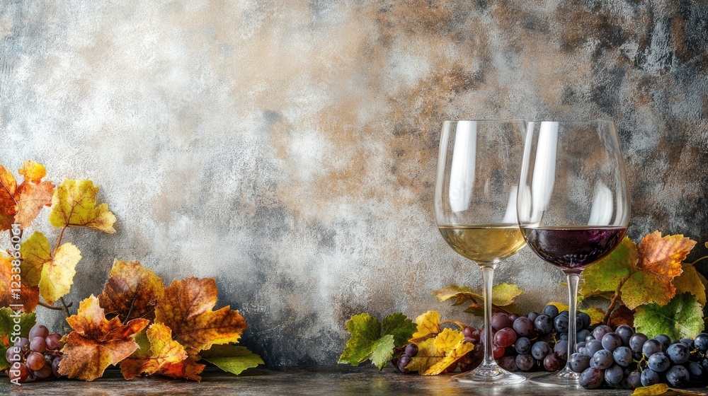 Poster wine glasses surrounded by autumn grapes and leaves in a rustic setting with ample empty space for t