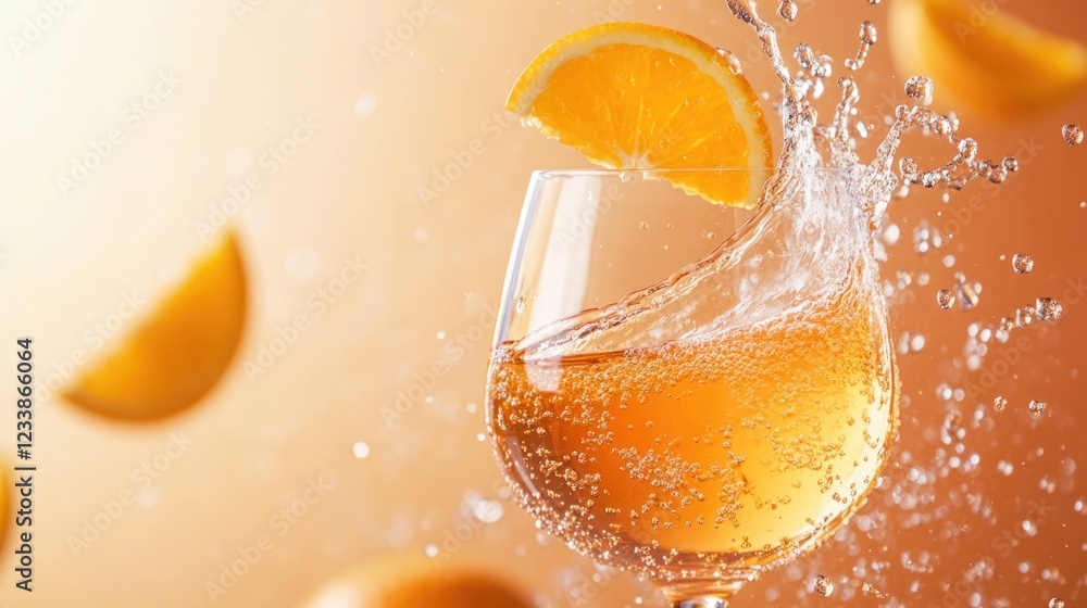 Poster refreshing wine glass splashing with orange slices against a soft gradient background ideal for text