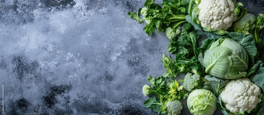 Poster cauliflower and cabbage background with fresh greens and empty space for text in a culinary context