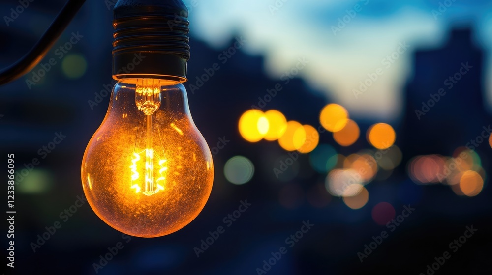 Poster illuminated light bulb with blurred streetlight bokeh effect in the background during twilight creat