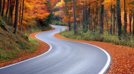 Fototapeta premium Curvy scenic road surrounded by colorful autumn forest with bright orange and yellow foliage on trees and fallen leaves on the ground