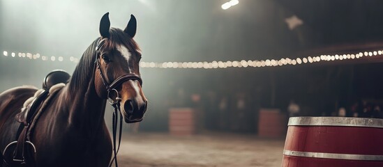 Caucasian horse in circus setting with trainers showcasing a captivating atmosphere and empty space for text and mulled wine in the background