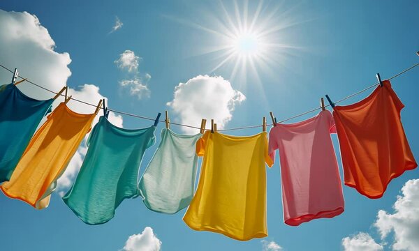 Colorful Clothes Hanging to Dry on a Laundry Line with Clouds and Sun in the Blue Sky