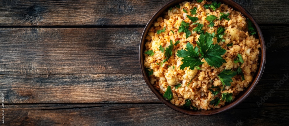 Poster healthy cauliflower rice with ground almonds and fresh parsley in a rustic bowl on a wooden table wi
