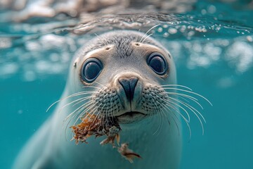 Fototapeta premium Curious seal pup swimming underwater with seaweed in mouth