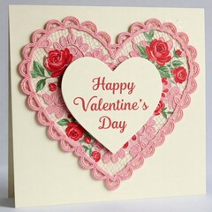 Happy valentine's day greeting card with pink doily and red roses