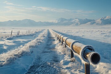 Frozen pipeline stretching across snowy landscape towards mountains