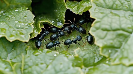 Black ants colony hiding under wet green leaves.