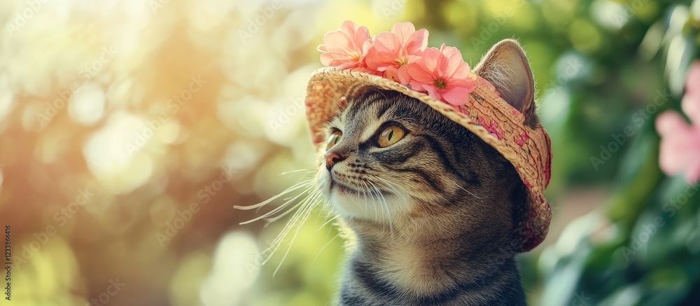 Poster cat in flower bucket hat relaxing under tree shade with empty copy space for text summer vibes and c