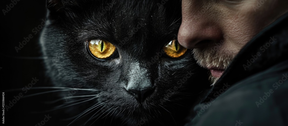 Poster caucasian man with cat on lap showcasing expressive yellow eyes in intimate close-up with rich textu