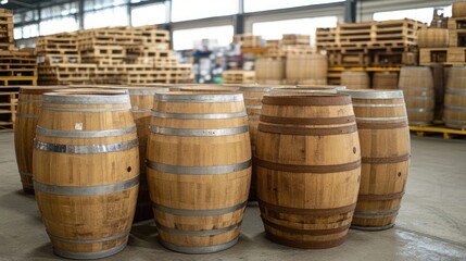Fototapeta premium Wine Barrel Storage in Industrial Warehouse Showcase of Wooden Barrels for Wine Production and Aging Process