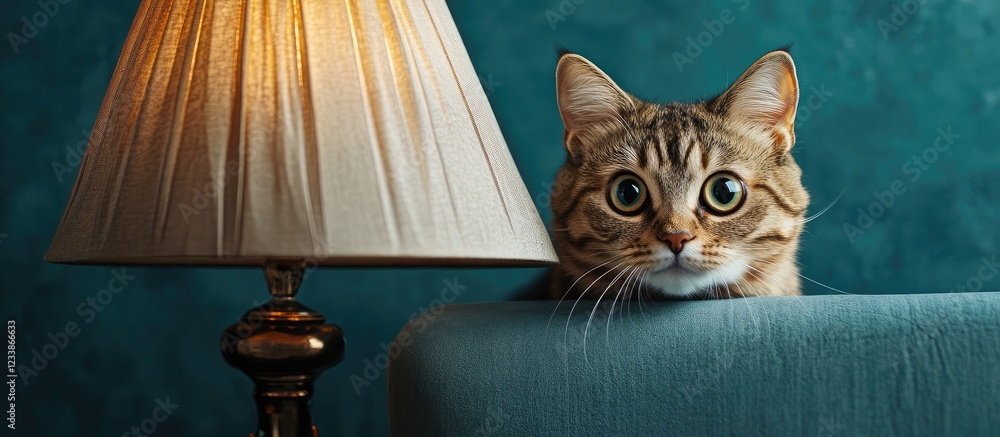 Poster curious cat peeking from behind a lamp with a festive background and space for text or caption in co