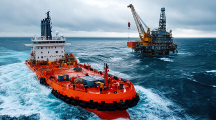 powerful offshore supply vessel navigates turbulent waters near oil rig, showcasing maritime industry operations