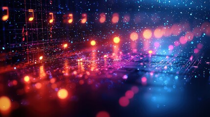 Fototapeta premium Abstract digital art featuring musical notes and vibrant light patterns.