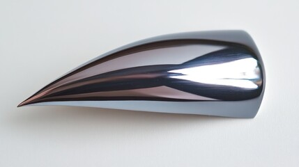Polished metallic, aerodynamic, pointed, curved shape isolated on white background.