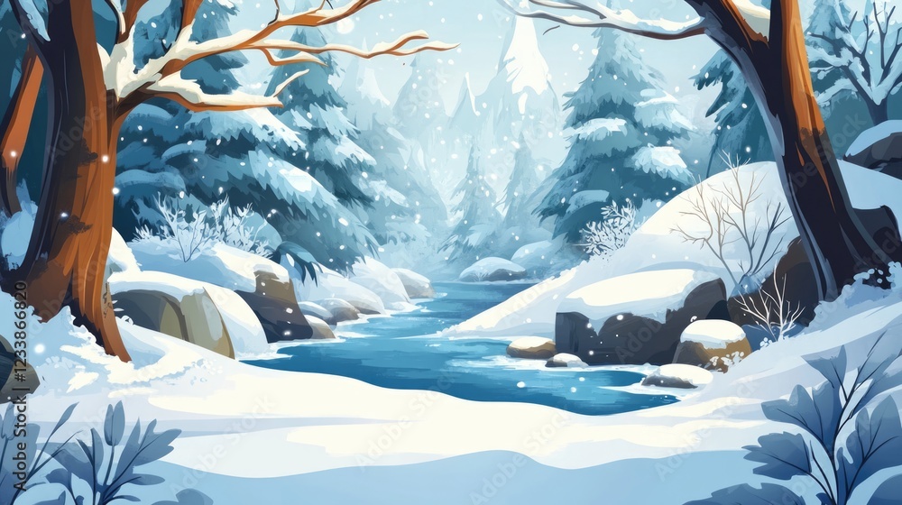 Aufkleber serene winter forest landscape with mountain stream surrounded by snow and ice creating tranquil atm