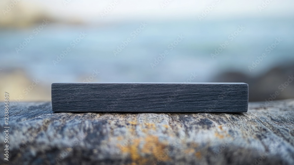 Poster wooden tabletop with blurred ocean backdrop ideal for product display featuring ample empty space fo