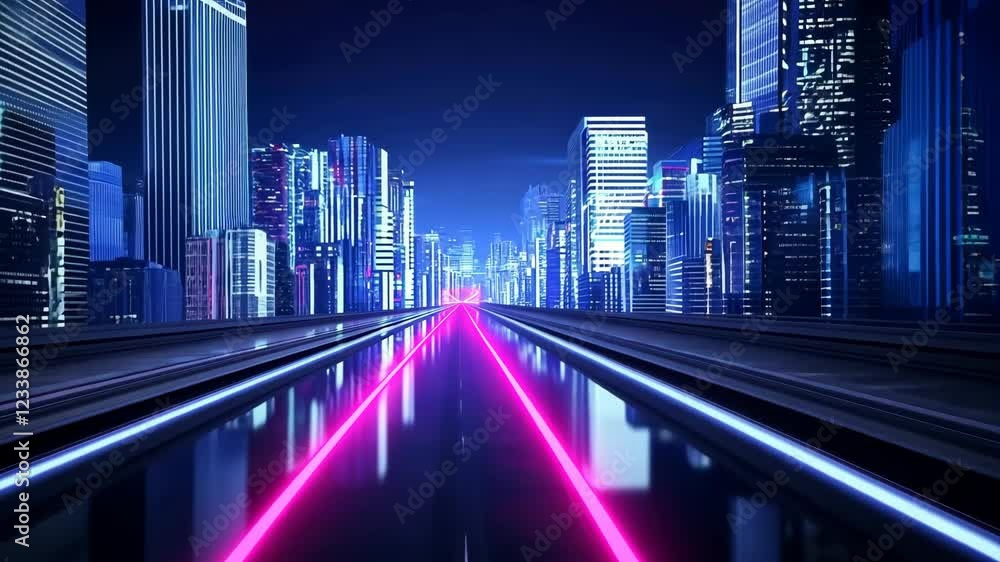 Poster futuristic cityscape with neon lights and reflective skyscrapers creating vibrant and dynamic atmosp