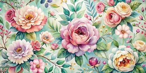 Painting of a flower garden with pink and yellow flowers. Watercolor